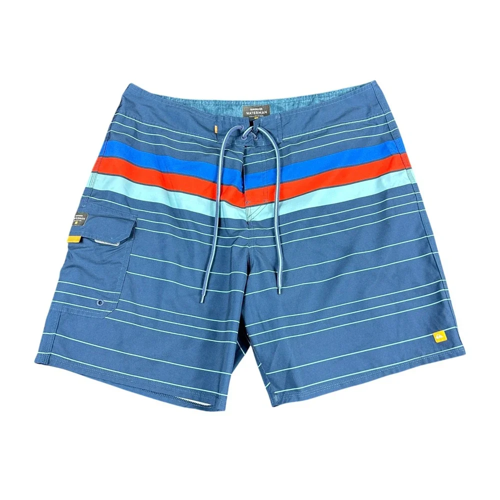 Quiksilver Waterman Collection Mens Blue Striped Summer Board Shorts Size 36